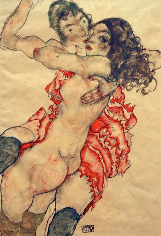 Zwei Frauen in roten Rüschenkleidern und dunklen Strümpfen umarmen sich – Egon Schiele Zwei Freundinnen Kunstkopie