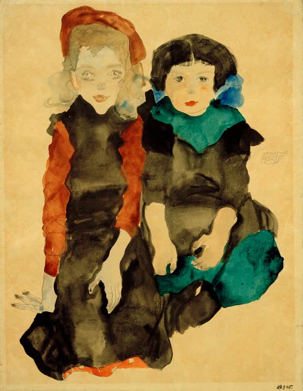 Zwei kauernde Mädchen in dunklen Kleidern, eines mit roter Mütze – Egon Schiele Zwei kauernde kleine Mädchen Kunstkopie