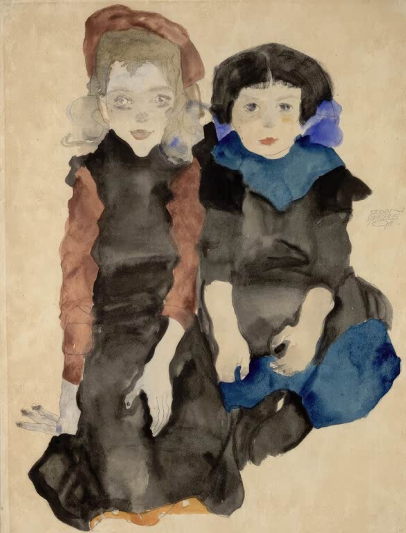 Zwei kauernde Mädchen in dunklen Kleidern mit blauen Kragen nebeneinander – Egon Schiele Zwei kauernde Mädchen Kunstkopie
