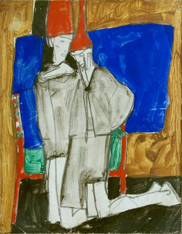 Zwei weiß gekleidete Gestalten mit roten Mützen vor blauer Fläche – Egon Schiele Zwei Kniende Kunstkopie