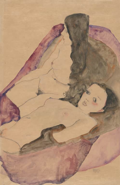 Zwei liegende Akte auf violettem Polster mit grauen Farbflächen – Egon Schiele Zwei liegende Akte Kunstkopie