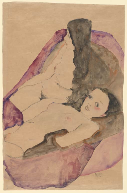 Zwei Frauen auf violettem Tuch, eine mit dunklen Strümpfen – Egon Schiele Zwei liegende Aktfiguren Kunstkopie