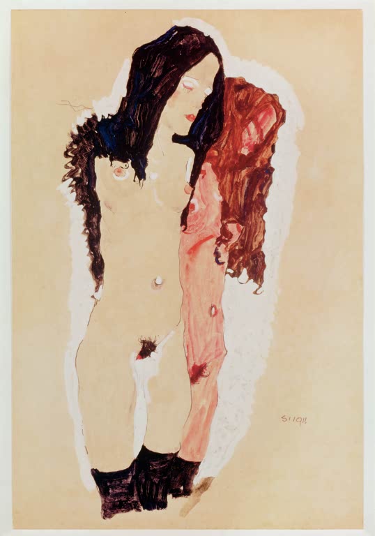 Zwei nackte Mädchen mit langem Haar, eines mit schwarzen Strümpfen – Egon Schiele Zwei liegende Mädchen Kunstkopie
