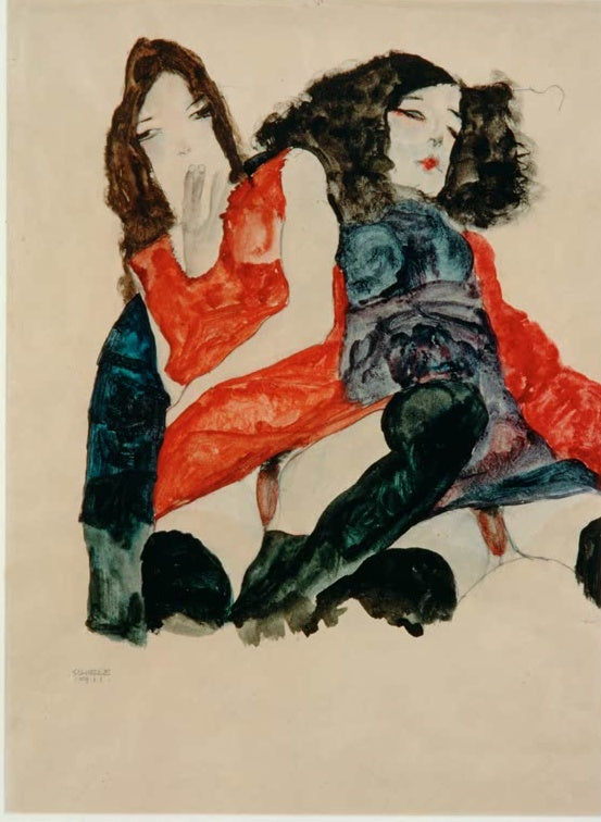 Zwei Mädchen in roten Kleidern und schwarzen Strümpfen, dicht aneinander – Egon Schiele Zwei Mädchen Kunstkopie