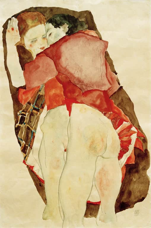 Zwei eng umarmte Mädchen, eines in rotem Oberteil, auf hellem Grund – Egon Schiele Zwei Mädchen Kunstkopie