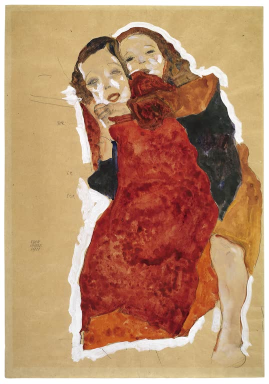 Zwei eng beieinander sitzende Mädchen in rotem und dunklem Kleid – Egon Schiele Zwei Mädchen Kunstkopie
