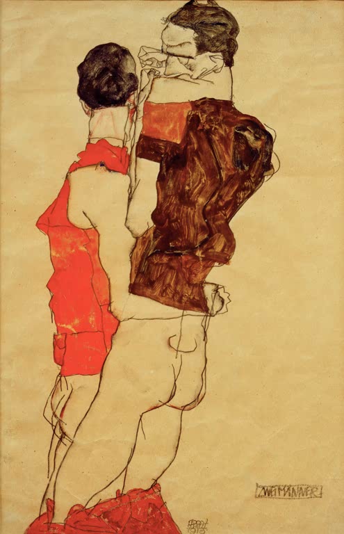 Zwei eng aneinander stehende Gestalten, eine in brauner Jacke, eine im roten Kleid – Egon Schiele Zwei Männer Kunstkopie