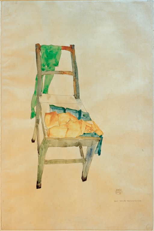 Holzstuhl mit Sitzkissen und grünem Tuch über der Lehne – Egon Schiele Zwei meiner Taschentücher Kunstkopie