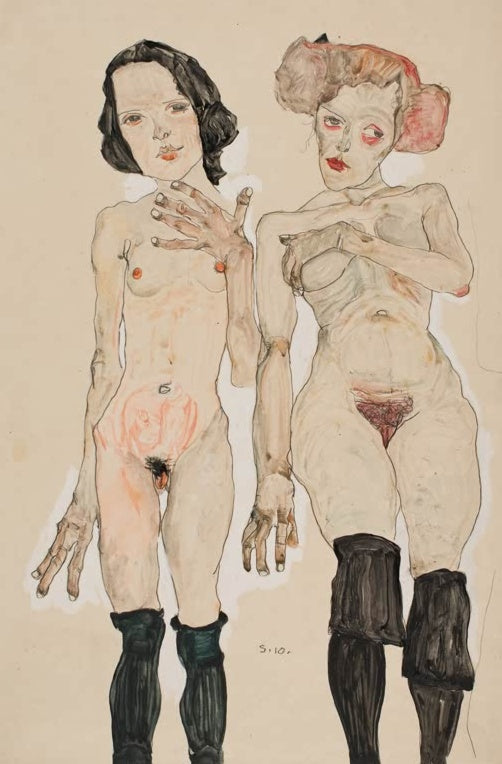 Zwei nebeneinander stehende junge Frauen in langen schwarzen Strümpfen – Egon Schiele Zwei nackte Mädchen Kunstkopie