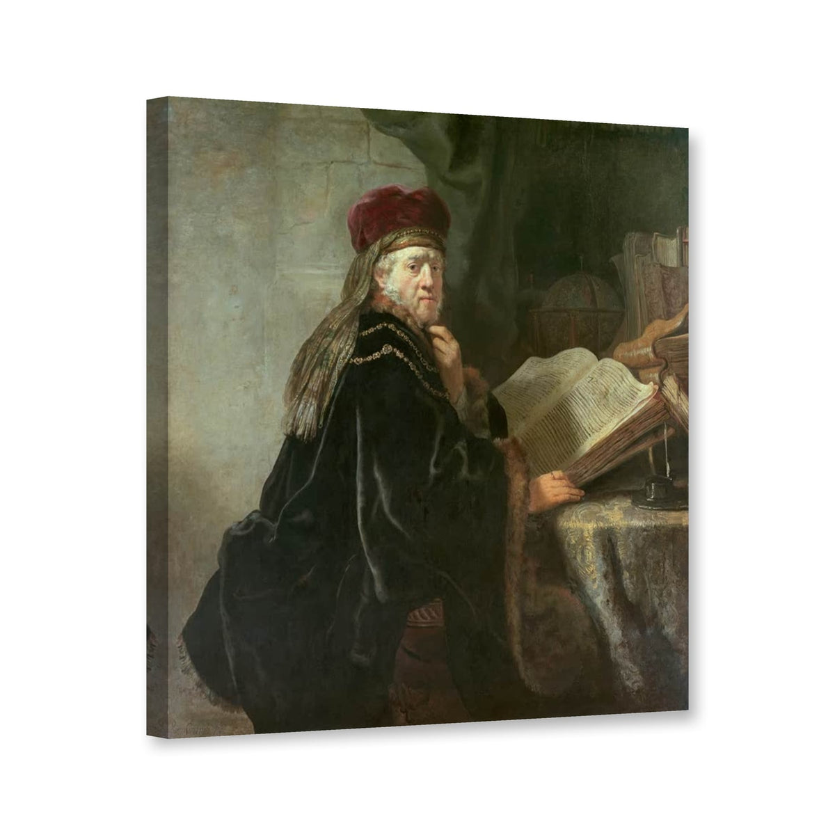 Ein Gelehrter im Studierzimmer von Rembrandt van Rijn als Leinwand – Perspektivansicht