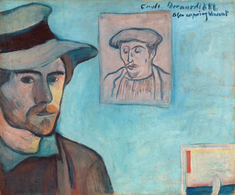Mann mit Hut vor blauer Wand neben einem Bildnis – Emile Bernard Selbstbildnis mit Bildnis von Gauguin Kunstkopie
