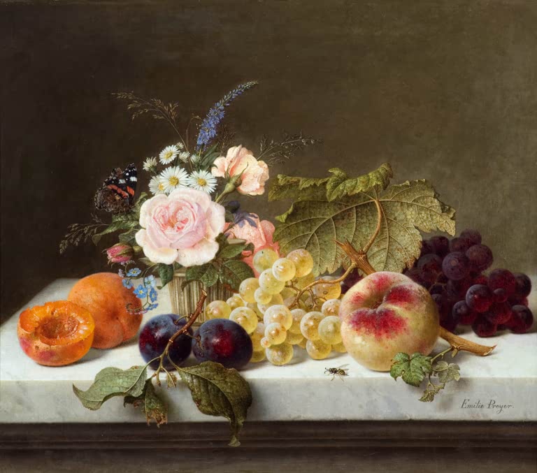 Emilie Preyer Früchtestillleben mit Blumen und Schmetterling Kunstkopie, rosa Rosen in Vase neben Aprikosen und Weintrauben