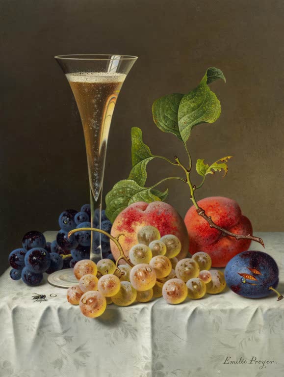 Emilie Preyer Früchtestillleben mit Champagnerflöte und dunklen Trauben Kunstkopie, Sektglas neben Pfirsichen auf Tischtuch
