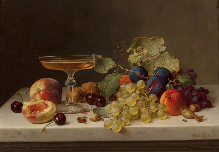 Emilie Preyer Früchtestillleben mit Champagnerschale und Kirschen Kunstkopie, Pfirsiche, Kirschen und Trauben um ein Sektglas