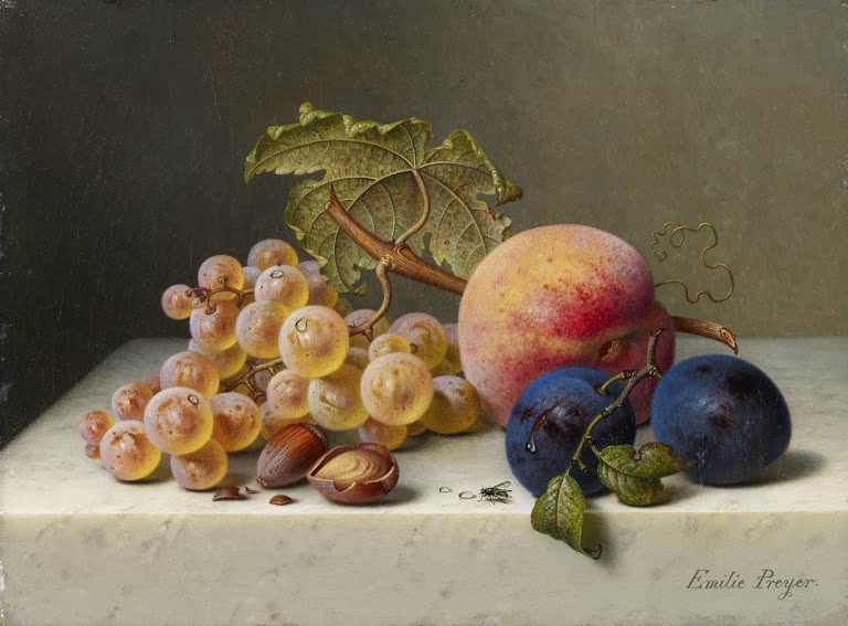 Emilie Preyer Früchtestillleben mit Pflaumen Kunstkopie, Weintrauben, Pfirsich und blaue Pflaumen auf Marmorplatte