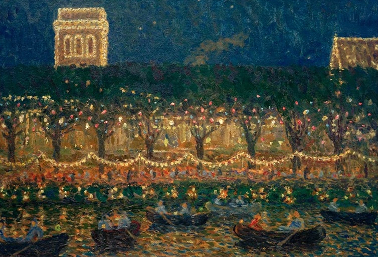 Beleuchtete Uferpromenade mit Ruderbooten – Ernst Eitner Abend am Uhlenhorster Fährhaus Kunstkopie