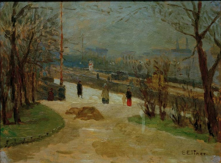 Spaziergänger am Ufer unter kahlen Bäumen – Ernst Eitner Blick über die Lombardsbrücke Kunstkopie