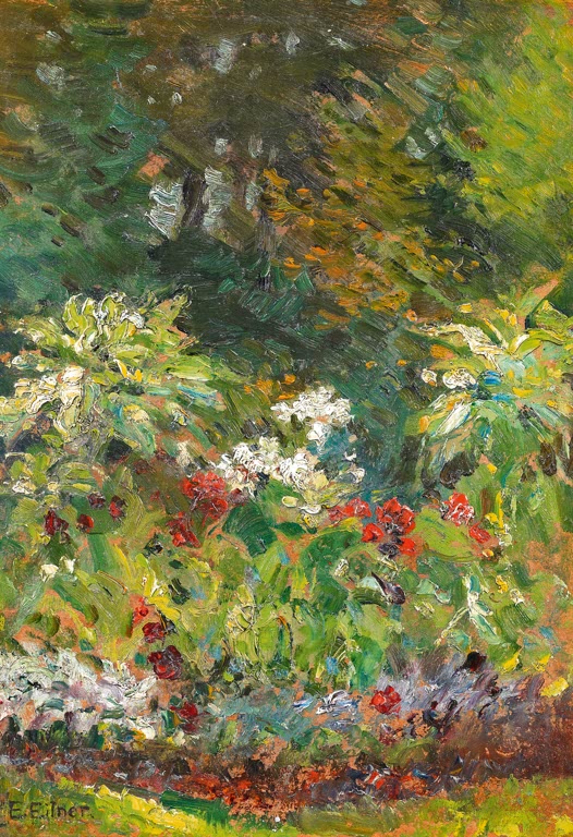 Blühendes Gartenbeet mit roten und weißen Blüten – Ernst Eitner Blühendes Gartenbeet Kunstkopie