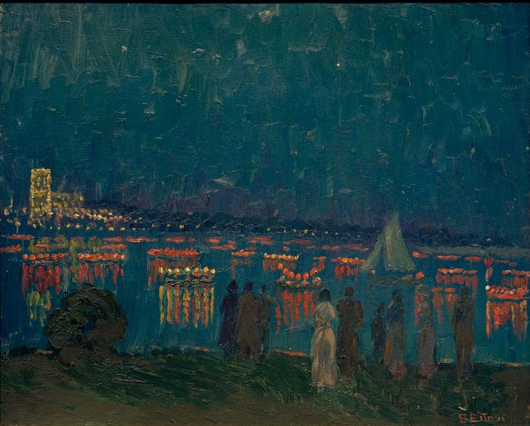 Lampions auf dem Wasser, Zuschauer und Segelboot bei Nacht – Ernst Eitner Lampionkorso auf der Außenalster Kunstkopie