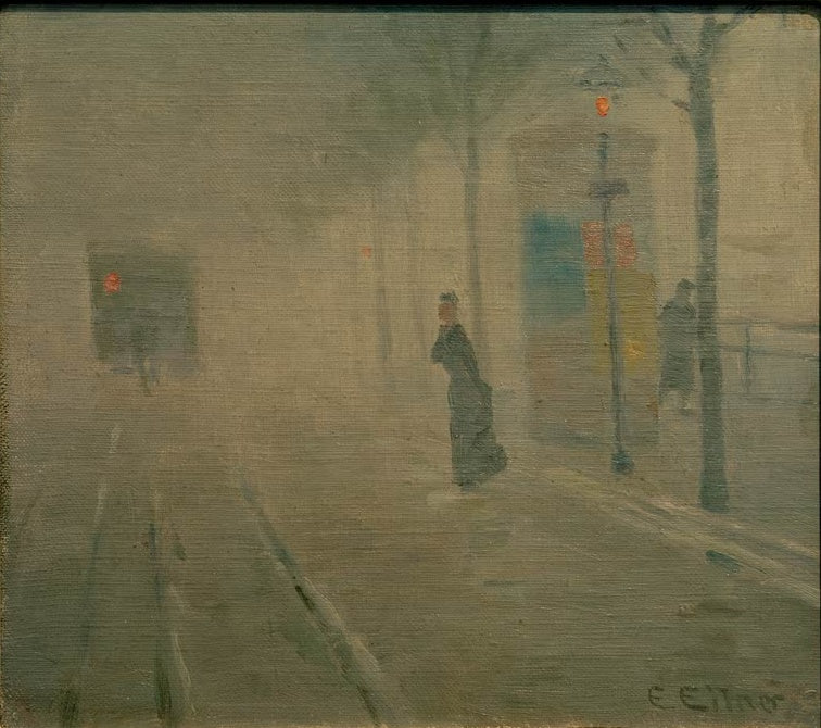Frau im Mantel auf nebliger Straße mit Laterne – Ernst Eitner Nebel am Hofweg auf der Uhlenhorst Kunstkopie