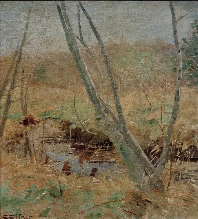 Schräge Birkenstämme an einem kleinen Gewässer in herbstlicher Wiese – Ernst Eitner Oberlauf der Alster Kunstkopie