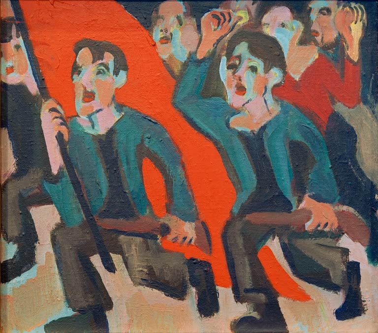 Aufgebrachte Männer mit roter Fahne in dichtem Gedränge – Ernst Ludwig Kirchner 1. Mai Revolution Kunstkopie