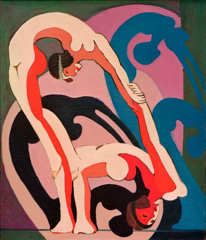 Zwei Akrobaten in verschlungener Pose vor rosa Grund – Ernst Ludwig Kirchner Akrobatenpaar – Plastik Kunstkopie