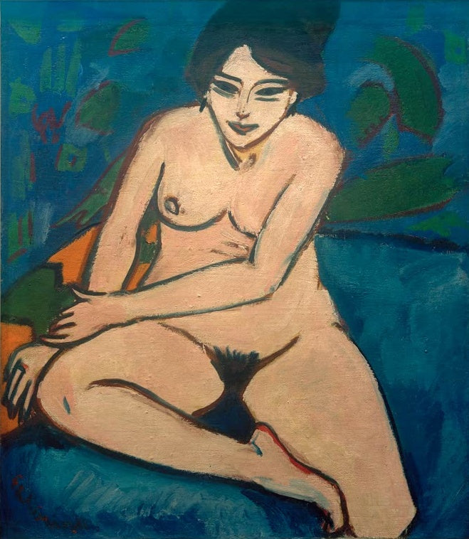 Ernst Ludwig Kirchner Akt auf blauem Grund Kunstkopie, sitzende nackte Frau mit verschränkten Armen vor blauem Interieur