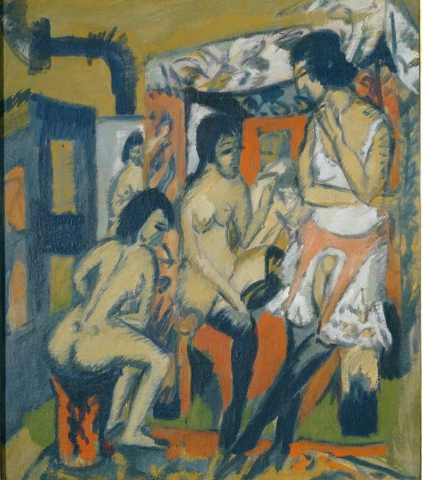 Weibliche Akte im Atelier um einen Ofen, eine Frau im weißen Unterkleid – Ernst Ludwig Kirchner Akt im Atelier Kunstkopie