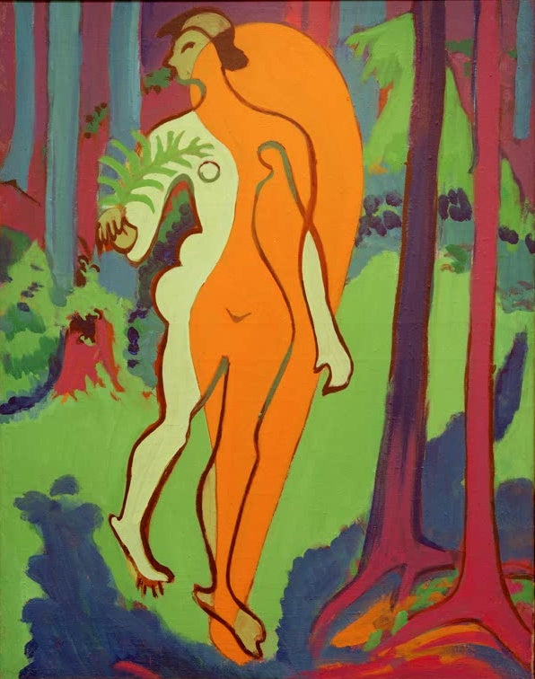 Orange-gelber Akt schreitet zwischen roten Baumstämmen – Ernst Ludwig Kirchner Akt in Orange und Gelb Kunstkopie