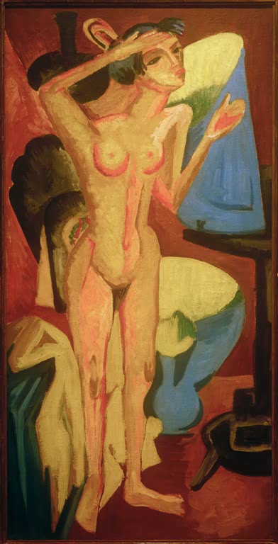 Stehender Akt vor einem Spiegel in warmen Orange- und Brauntönen – Ernst Ludwig Kirchner Akt vor dem Spiegel Kunstkopie