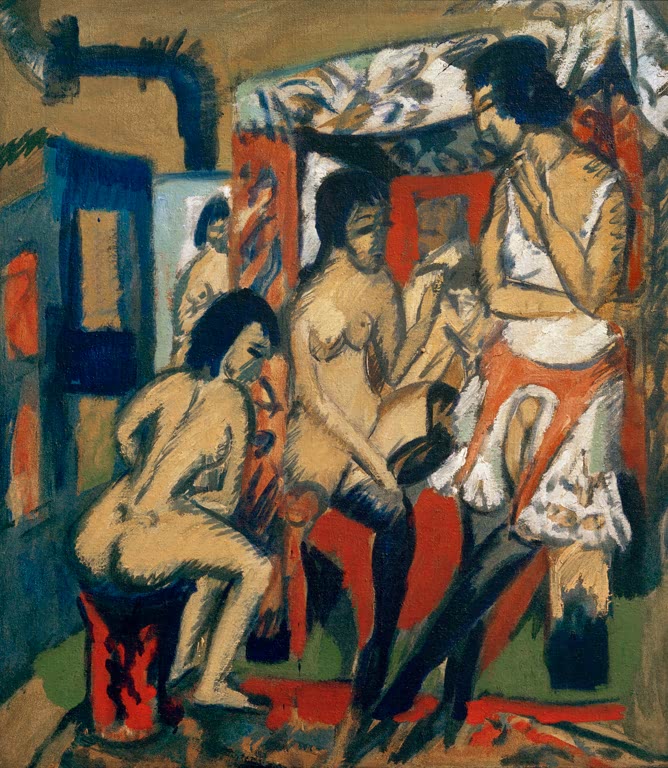 Mehrere weibliche Akte in einem Atelier mit Ofen und Spiegel – Ernst Ludwig Kirchner Akte im Atelier Kunstkopie