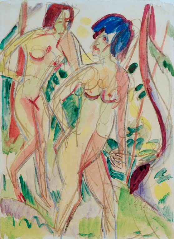Zwei Akte mit rotem und blauem Haar zwischen Pflanzen – Ernst Ludwig Kirchner Akte im Walde blau Kunstkopie