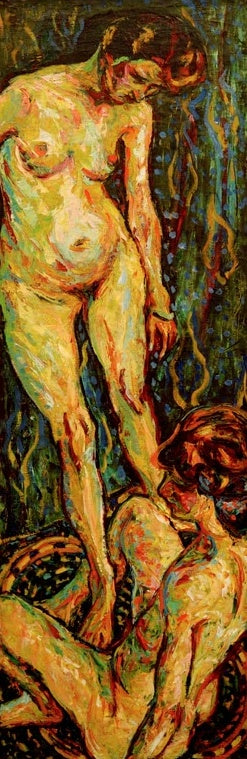 Schmales Hochformat mit stehendem Akt und kauernden Frauen – Ernst Ludwig Kirchner Aktgruppe II Kunstkopie