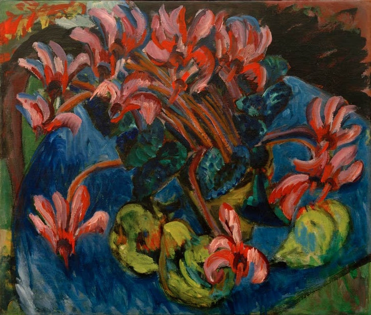 Rosa Alpenveilchen und grüne Früchte auf blauem Tuch – Ernst Ludwig Kirchner Alpenveilchen zu Weihnachten Kunstkopie