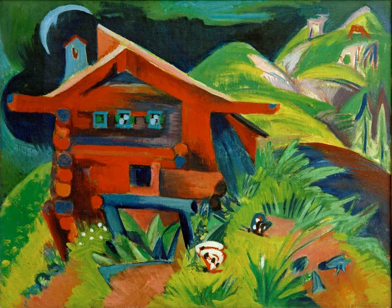 Rotes Blockhaus mit Dachüberstand unter Mondsichel – Ernst Ludwig Kirchner Alphütte; Rotes Alphaus Kunstkopie