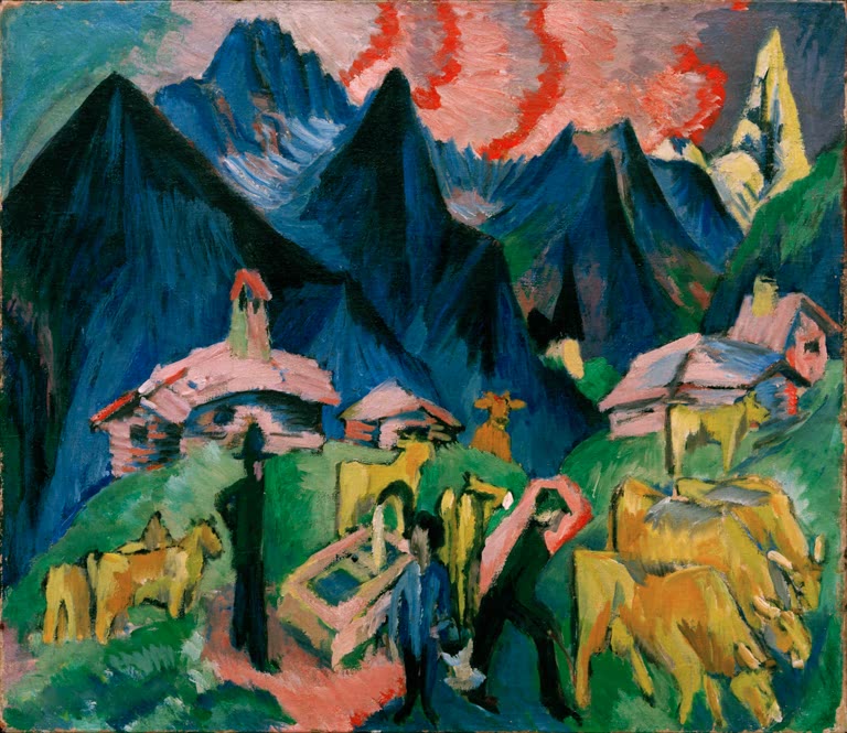 Almhütten, Kühe am Brunnen und zwei Menschen vor blauen Bergen – Ernst Ludwig Kirchner Alpleben Kunstkopie
