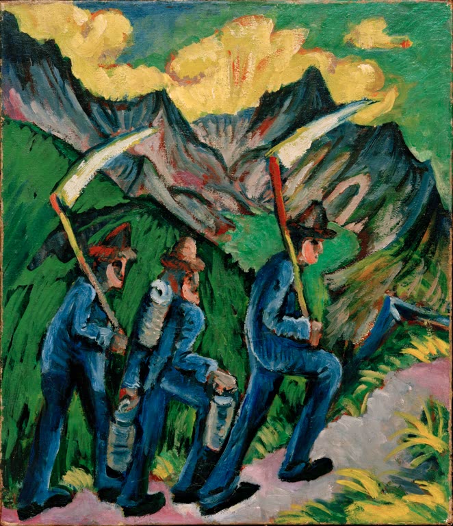 Drei Männer mit Sensen steigen einen Bergpfad hinauf – Ernst Ludwig Kirchner Alpleben Kunstkopie