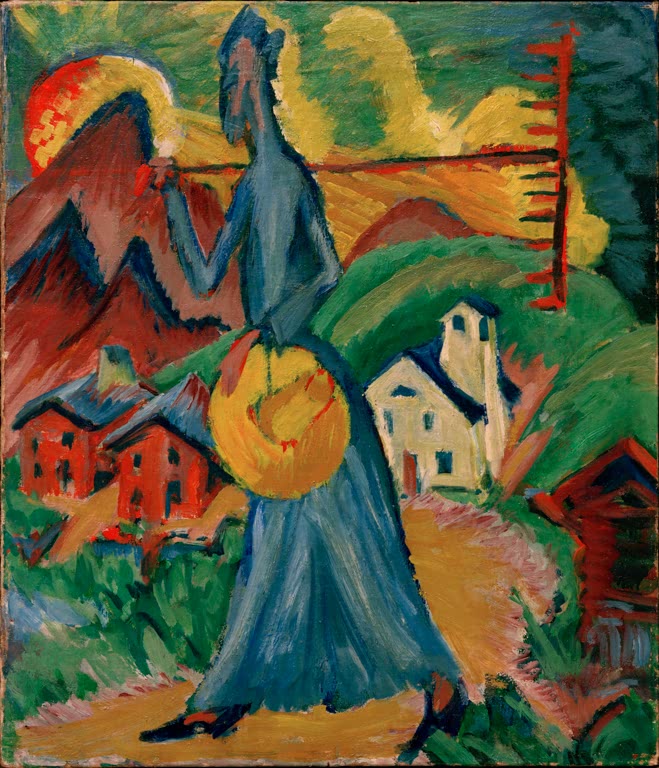 Frau im blauen Kleid mit großem Hut vor roten Häusern – Ernst Ludwig Kirchner Alpleben Kunstkopie