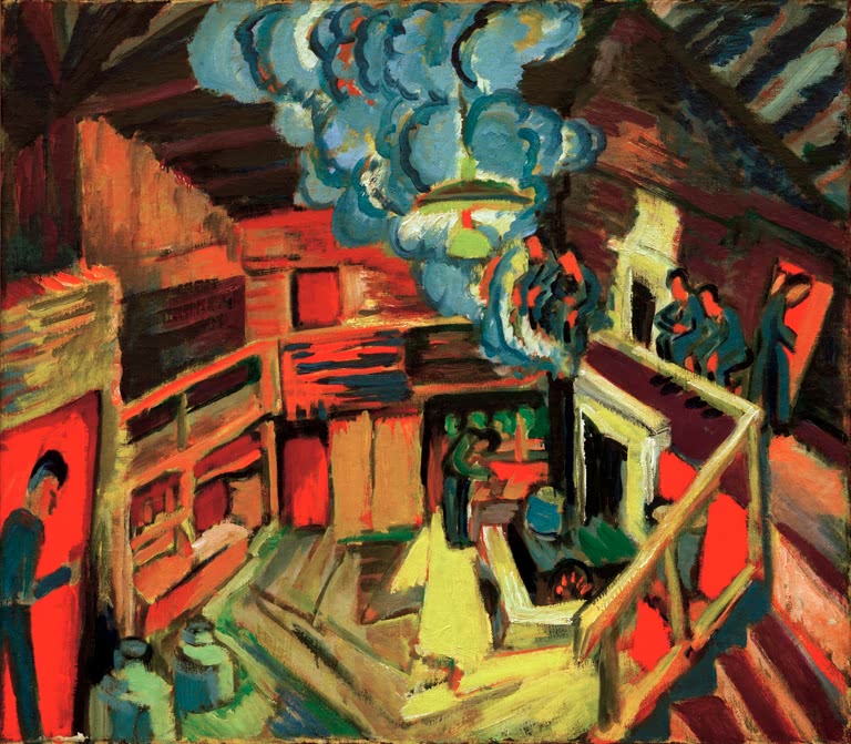 Holzhütte mit Rauchwolke, Menschen auf einer Treppe und Milchkannen – Ernst Ludwig Kirchner Alte Sennhütte Kunstkopie