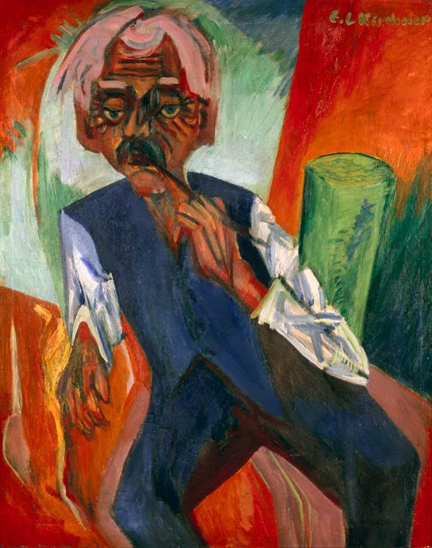 Alter Bauer mit Schnurrbart und Pfeife in blauer Weste – Ernst Ludwig Kirchner Alter Bauer Kunstkopie