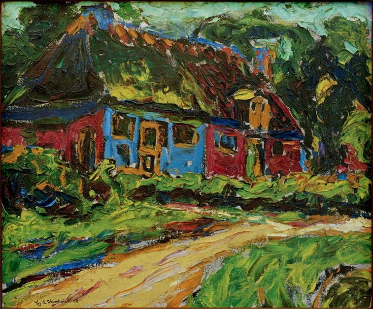 Reetgedecktes Haus mit blauen und roten Wänden, davor ein Feldweg – Ernst Ludwig Kirchner Altes Haus auf Fehmarn Kunstkopie