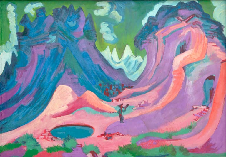 Violett-rosa Berglandschaft mit kleinem See und Figur – Ernst Ludwig Kirchner Amselfluh Kunstkopie