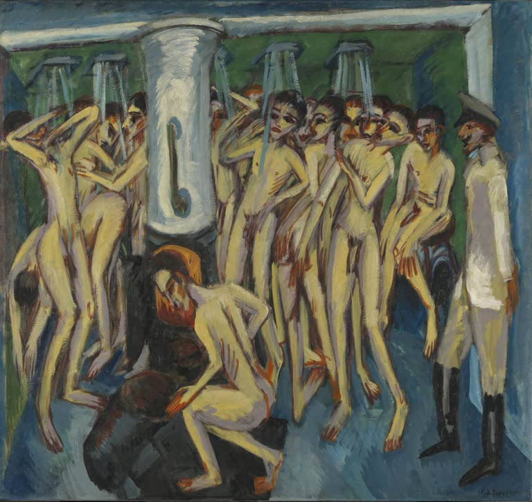 Nackte Soldaten unter Duschen, rechts ein Offizier in Weiß – Ernst Ludwig Kirchner Artilleristen in der Dusche Kunstkopie