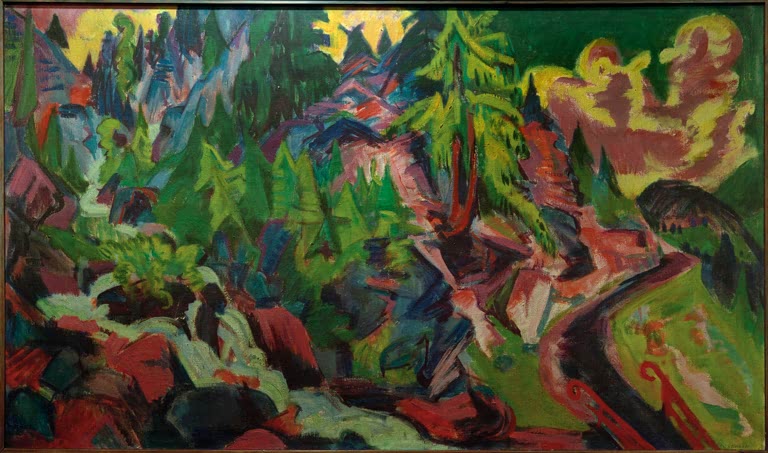 Wasserfall zwischen Arven und Felsen im Gebirge – Ernst Ludwig Kirchner Arvenlandschaft mit Wasserfall Kunstkopie