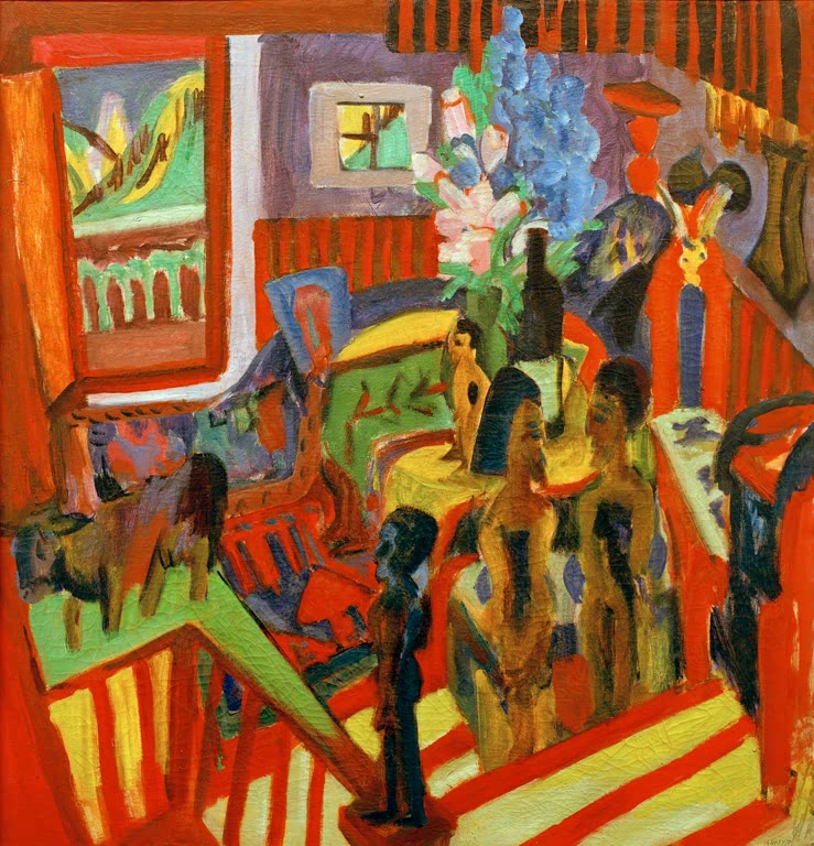 Atelierraum mit Fenster, Blumenstrauß, Figuren und roten Streifen – Ernst Ludwig Kirchner Atelierecke Kunstkopie