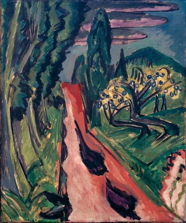 Rosa Straße zwischen dunklen Bäumen, rechts ein Obstbaum – Ernst Ludwig Kirchner Autostraße im Taunus Kunstkopie