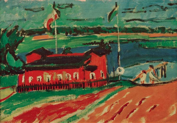 Rotes Badehaus am Fluss, rechts Badende am Steg – Ernst Ludwig Kirchner Badeanstalt bei Dresden Kunstkopie