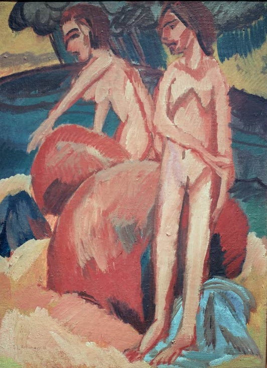 Zwei Badende stehen neben roten Felsen am Meer – Ernst Ludwig Kirchner Badende am Meer Kunstkopie