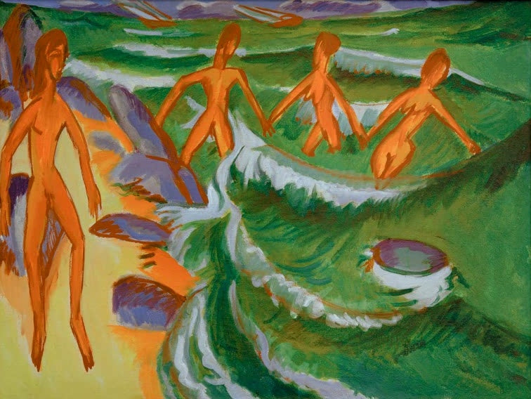 Orange Badende in Reihe am Strand vor grünen Wellen – Ernst Ludwig Kirchner Badende am Strand Fehmarn Kunstkopie